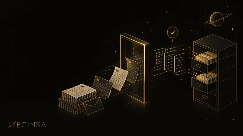 Facturas en papel que pasan por un lector y se convierten en datos ordenados en un archivador