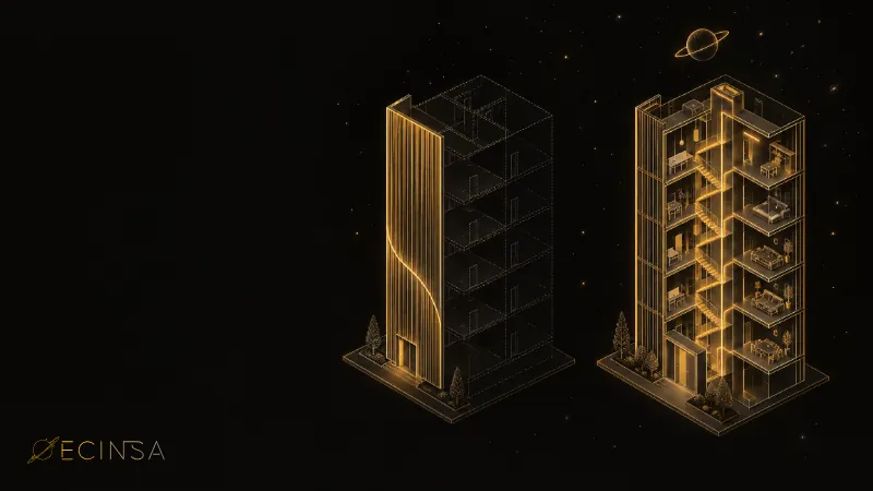 Dos edificios: uno con una fachada brillante y estancias vacías, otro con todas sus plantas conectadas por dentro