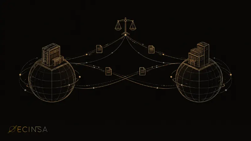 Dos pequeños planetas con un edificio de oficinas cada uno, unidos por hilos de luz que cruzan en ambas direcciones con documentos y convergen en una balanza equilibrada