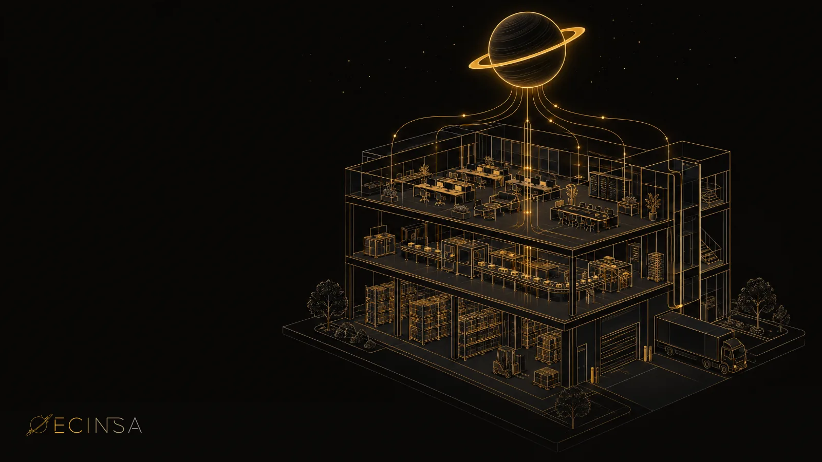Ilustración de una empresa en corte isométrico, con oficina, producción y almacén conectados a un único sistema