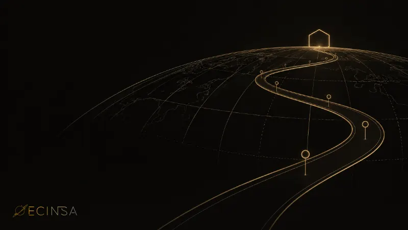 Camino sinuoso dibujado con líneas ámbar sobre un pequeño planeta que avanza entre hitos circulares hacia una puerta hexagonal luminosa en el horizonte