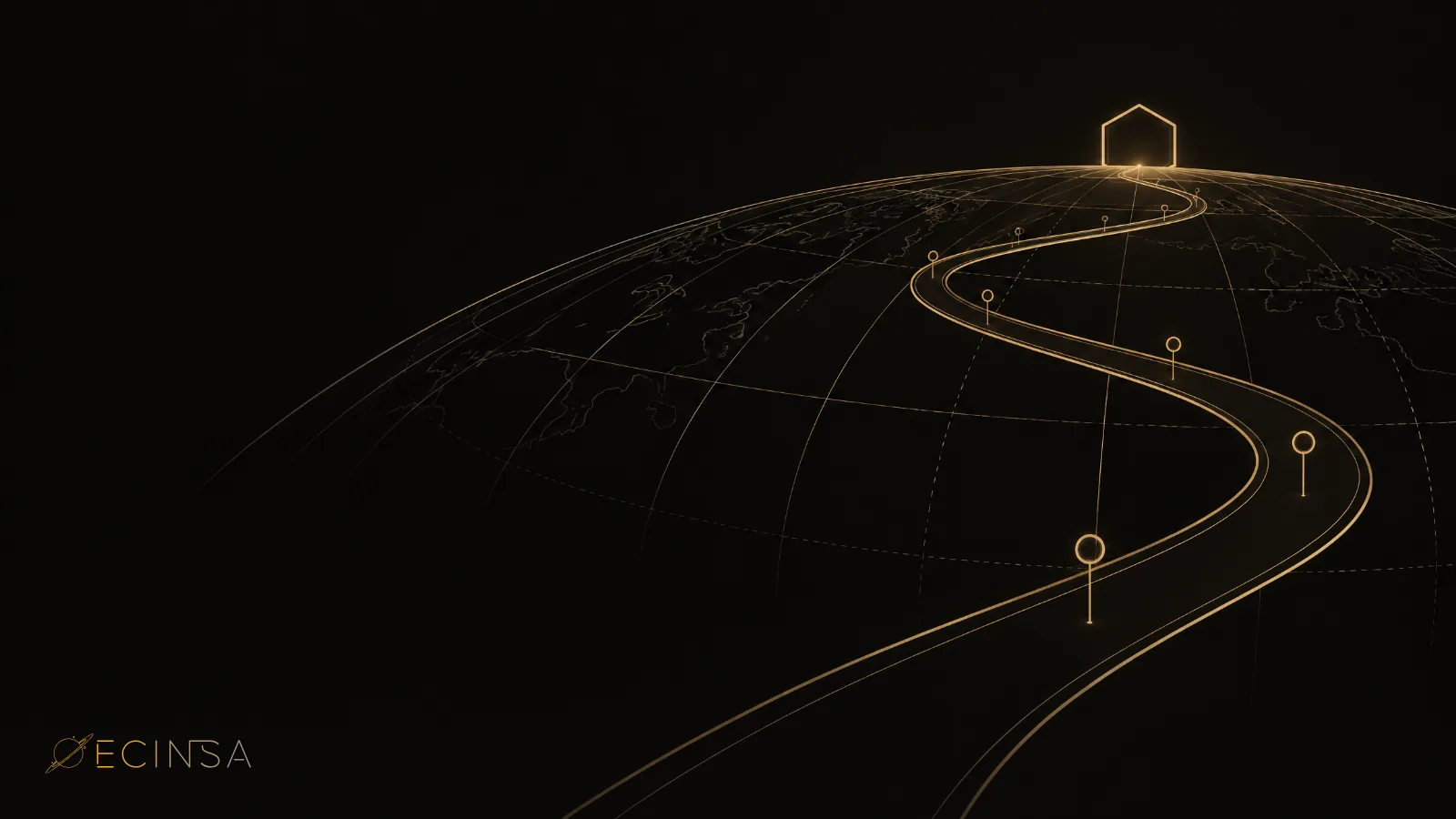 Camino sinuoso dibujado con líneas ámbar sobre un pequeño planeta que avanza entre hitos circulares hacia una puerta hexagonal luminosa en el horizonte