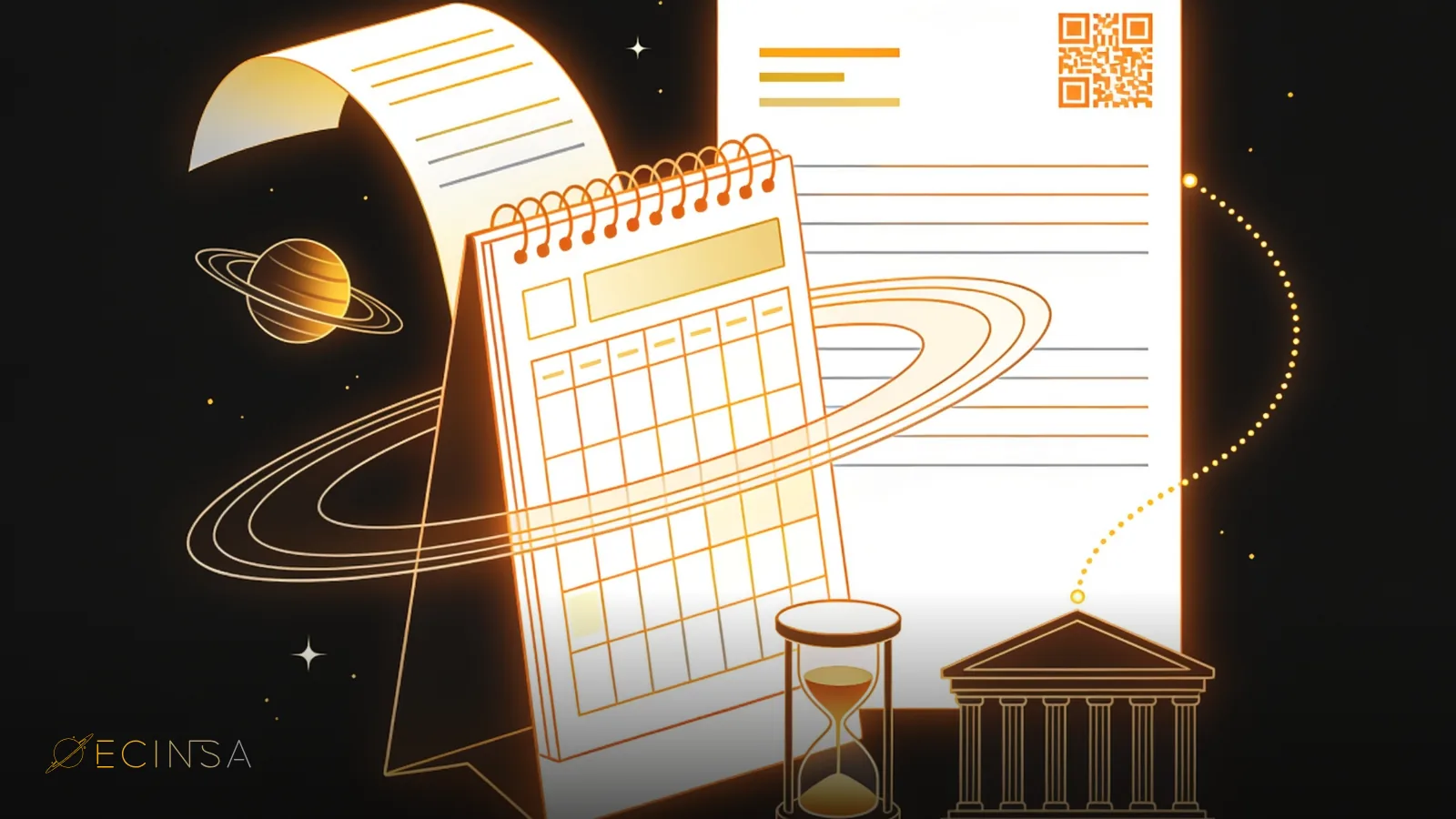 Calendario que avanza en órbita alrededor de un planeta junto a una factura con código QR, dibujados con líneas doradas